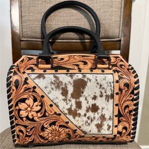 Women's Tooled Leather Cowhide Satchel - Brown/Black Speedy Style